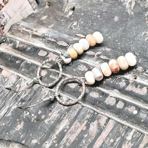 Agate Gemstone Rondelle Beads Textured Silver Ring Handcrafted Earrings - Picture 5 of 11